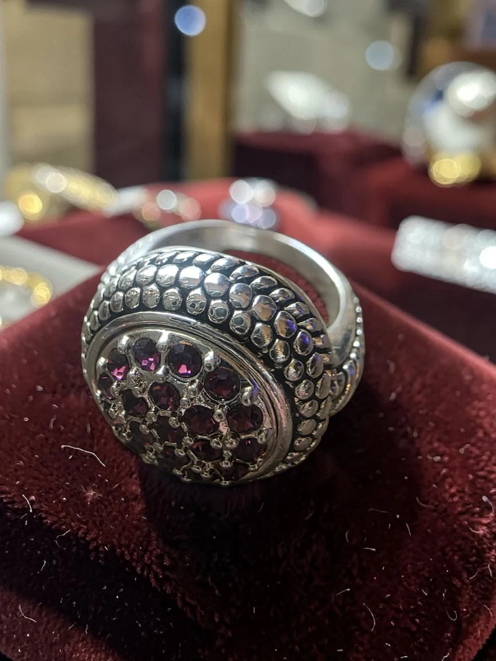 New Silver Tone Red Purple Crystal Dot Textured Statement Ring US Sz 4.5
